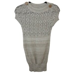 VTG Y2K Women's Say What? Beige Sweater Dress Short Sleeves Buttons SZ S Cotton